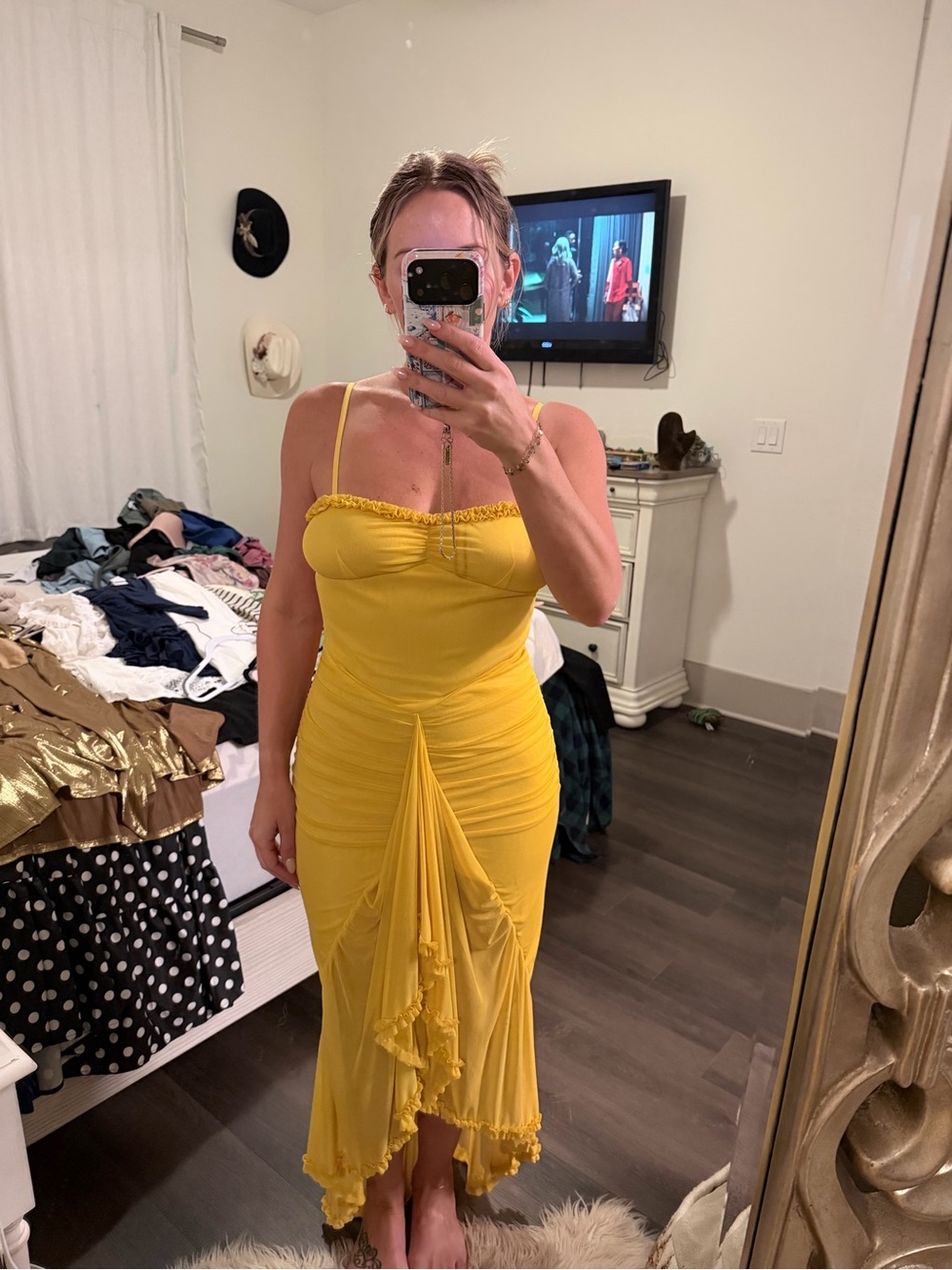 Yellow Ruffled Midi Dress - Feminine Spaghetti Strap Dress